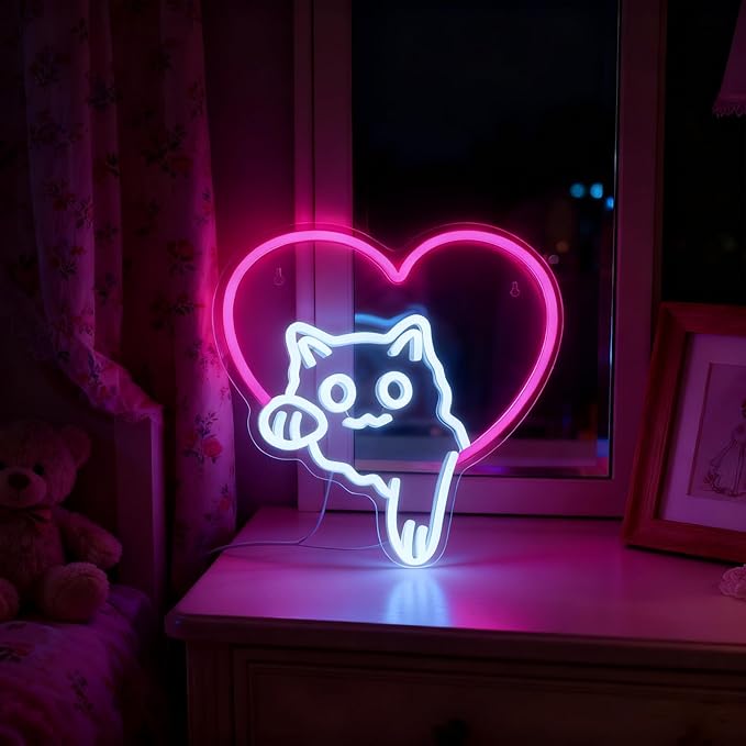 Cat Neon Sign Cute Pink Heart Cat LED Lights, Dimmable Animal Neon Sign for Wall Decor, Cat Lover Gift, Bedroom Wall Art, Living Room, Game Room, Pet Shop, Kawaii Home Accent(12.91 × 13.11 in)