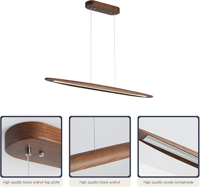 Wood Linear Pendant Hanging Light Fixture Minimalist Light Linear Chandelier Wood Kitchen Island Lighting 40w Dimmable for Dining Room Dining Table Living Room Pool Table Walnut Color - Aura Lighting