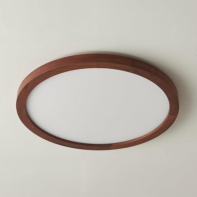 Ultra-Thin LED Ceiling Light Fixture 20.47", Handcrafted Walnut Wood Modern Wabi-Sabi Style, Slim 2.5cm Profile, 37W LED 3000K-4000K-6000K, Round Minimalist Lamp for Bedroom Kitchen Hallway