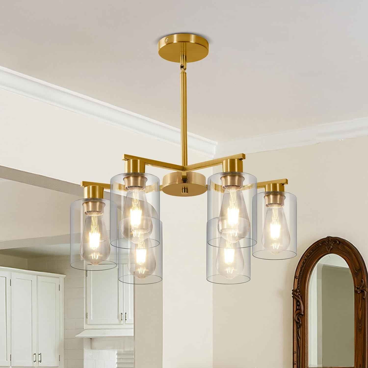 6-Light Modern Gold Chandelier Farmhouse Dining Room Light Fixture with Clear Glass Shade Hanging Ceiling Pendant Lighting for Kitchen Island Living Room Hallway