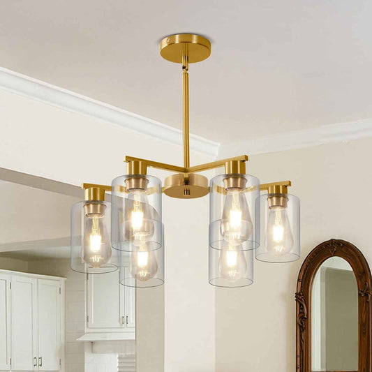 6-Light Modern Gold Chandelier Farmhouse Dining Room Light Fixture with Clear Glass Shade Hanging Ceiling Pendant Lighting for Kitchen Island Living Room Hallway