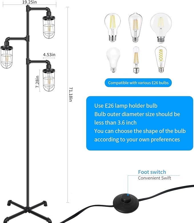 CONCA Steampunk Three Head Industrial Floor Lamp, Rustic Edison Bulb, Cage Shade (Black)