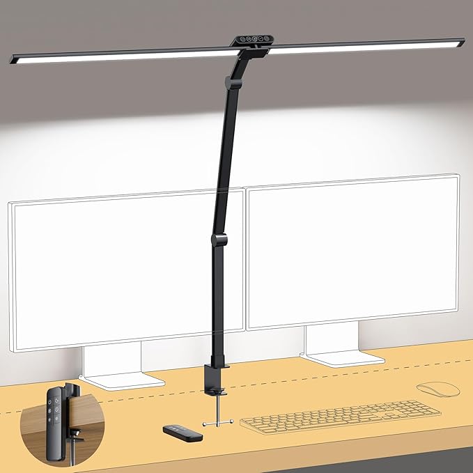 TROND LED Desk Lamp with Clamp, 29.55'' Tall Desk Light with Remote, 1500LM Bright Table Lamp, Swing Arm Clip on Light, Eye-Caring, Touch Control Dimmable for Home Office Monitor Reading Study Task - Aura Lighting