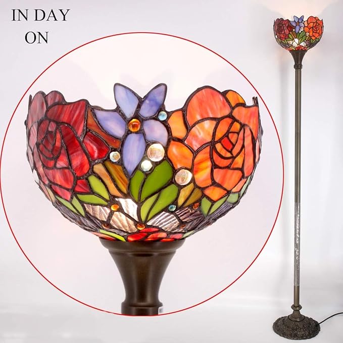 WERFACTORY Tiffany Floor Lamp Red Rose Flower Stained Glass Light 10X10X71 Inches Pole Torchiere Standing Corner Torch Uplight Decor Bedroom Living Room Home Office S001 Series