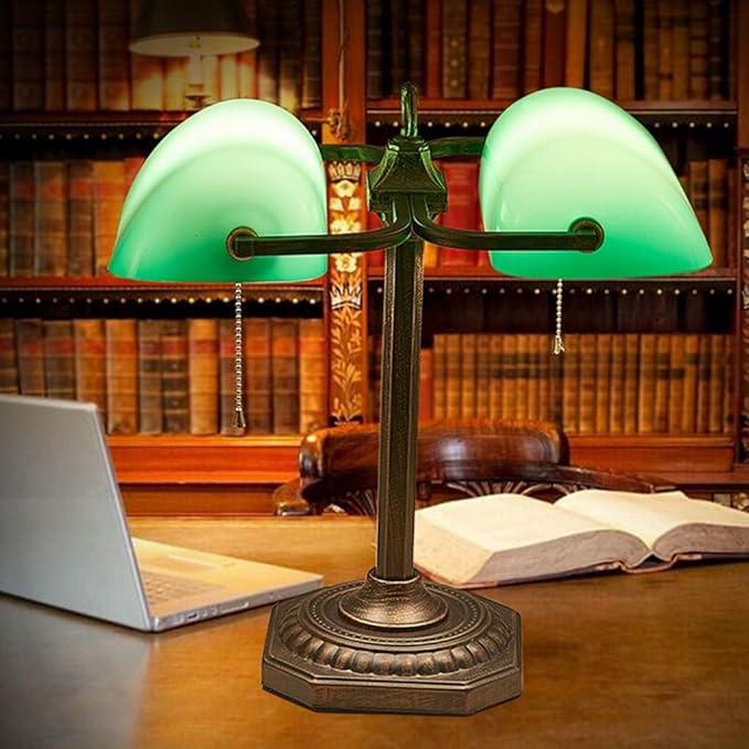 Banker Lamp Green Shade Double Head Retro Traditional Desk Lamps Pull Chain Office Study Simple Designs Eye Caring Reading Lights