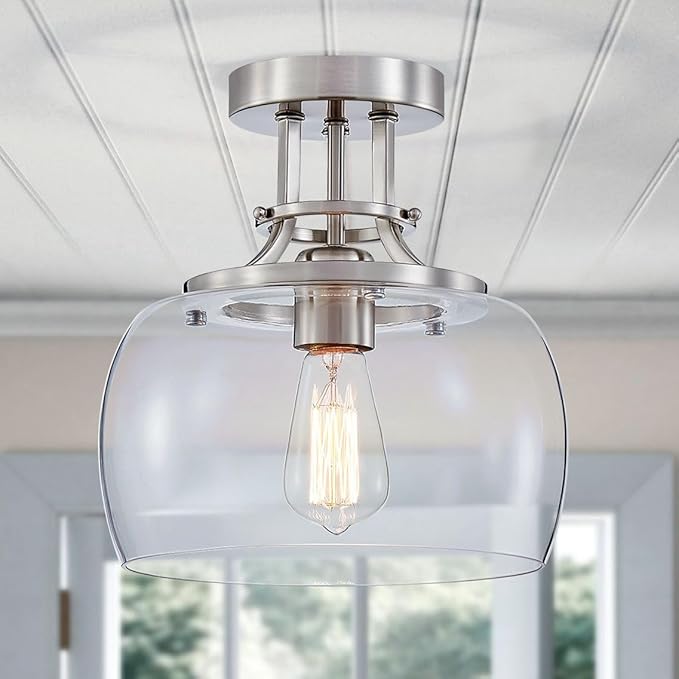WUZUPS Chandelier Rustic Farmhouse Industrial Round Semi-flushmount Ceiling LED Light Fixture with Clear Glass Shades for Bathroom Kitchen Foyer Entryway, H 10" x W 10", E26 Base, Brushed Nickel