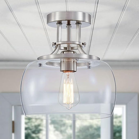 WUZUPS Chandelier Rustic Farmhouse Industrial Round Semi-flushmount Ceiling LED Light Fixture with Clear Glass Shades for Bathroom Kitchen Foyer Entryway, H 10" x W 10", E26 Base, Brushed Nickel