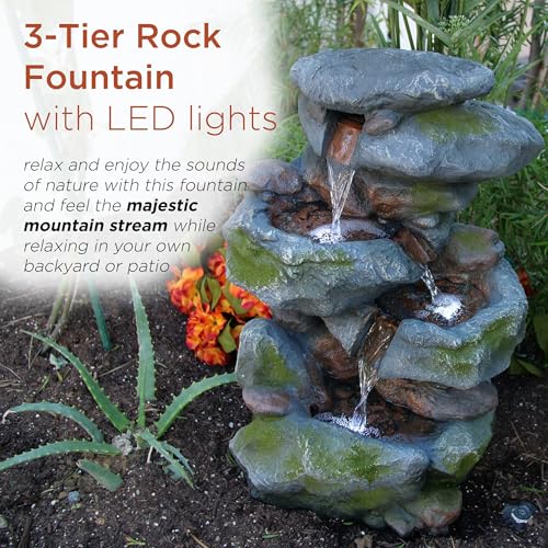 22" Tall 3 Tier Outdoor Rock Waterfall Fountain with LED Lights