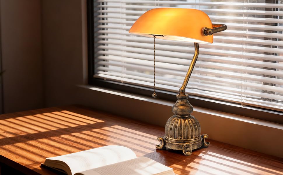 Retro Amber Glass Bankers Desk Lamp