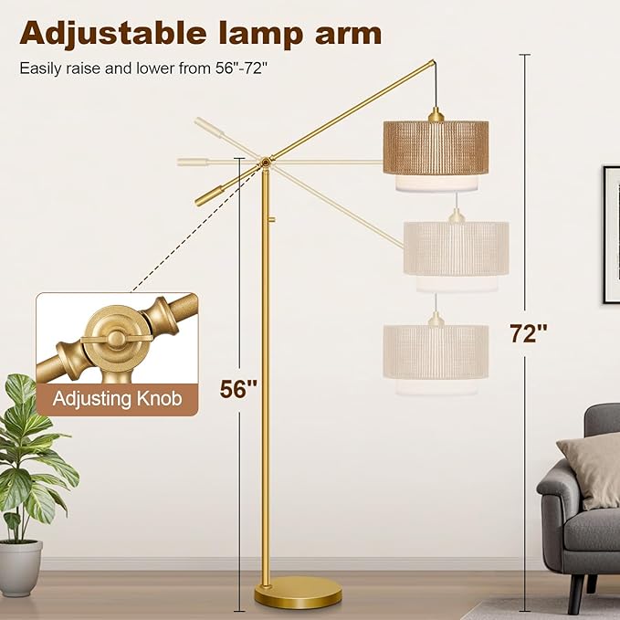 【Upgraded】Arc Floor Lamp for Living Room, Boho Dimmable Swing Arm Floor Lamp with Rattan & Fabric Shades, Gold Rattan Standing Lamp with 11W Bulb, Farmhouse Adjustable Tall Lamp for Bedroom Office