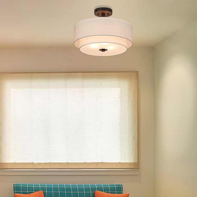 XiNBEi Lighting Drum Semi Flush Light, 3 Light Semi Flush Mount Ceiling Light Fixture with Fabric Shade Modern Close to Ceiling Light for Bedroom & Living Room Dark Bronze Finish XB-SF1289-DB - Aura Lighting