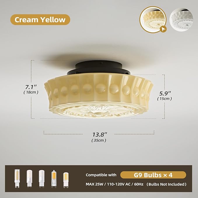 Schoolhouse Vintage Glass Ceiling Light - 14 Inch Cream Yellow Mid Century Modern Flush Mount Lighting Fixtures - Antique Art Deco Lamp for Bedroom Kitchen Entryway Laundry Hallway Foyer Bathroom Hall - Aura Lighting