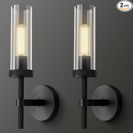 14" Bathroom Vanity Wall Sconces,Matt Black Wall Sconces Set of Two,Glass Tube Sconces Wall Lighting Indoors,Wall Lights for Mirror, Living Room, Bedroom, Hallway - Aura Lighting
