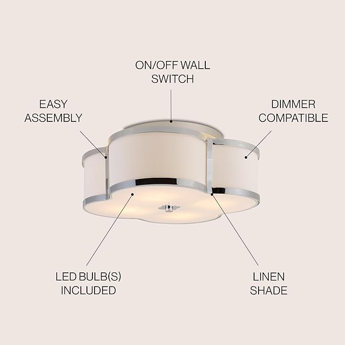JONATHAN Y 13" Chrome Modern Scalloped LED Flush Mount Ceiling Light Fixture, White Linen Shade Quatrefoil Chandelier for Bedroom Living Room Kitchen Hallway Foyer (JYL9508A)