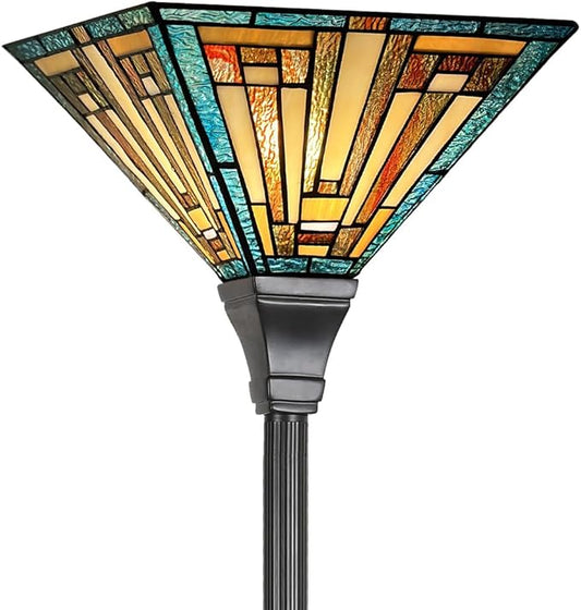 Tiffany Torchiere Floor Lamp Mission Style Green Stained Glass Torch Light 70" Tall Antique Standing Corner Light for Living Room Bedroom Home Office