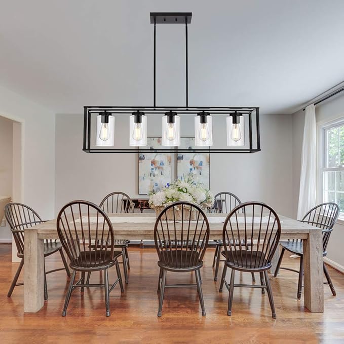 VINLUZ Farmhouse Chandeliers Rectangle Black 5 Light Dining Room Lighting Fixtures Hanging, Kitchen Island Cage Pendant Lights Contemporary Modern Ceiling Light with Glass Shade Adjustable Rods - Aura Lighting