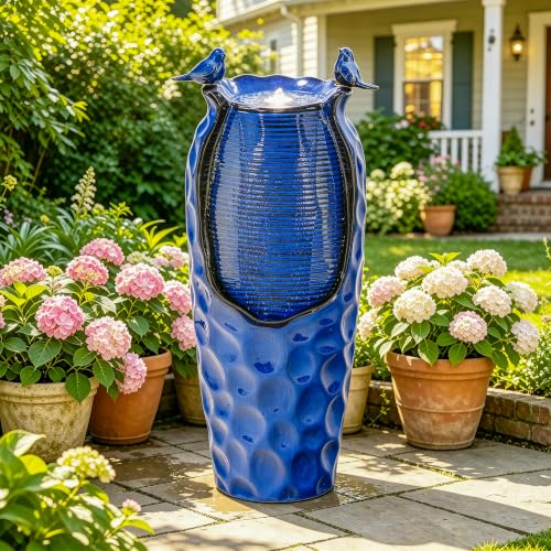 Autodaya 33" Vase Ceramic Outdoor Water Fountain with Lights and Birds