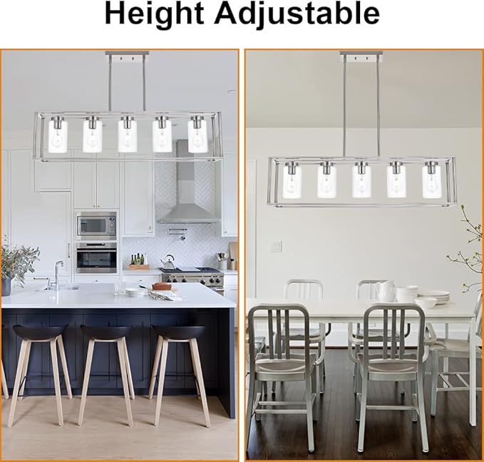 VINLUZ Contemporary Chandeliers Brushed Nickel 5 Light Modern Dining Room Lighting Fixtures Hanging, Kitchen Island Linear Pendant Lights Farmhouse Flush Mount Ceiling Light with Glass Shade - Aura Lighting
