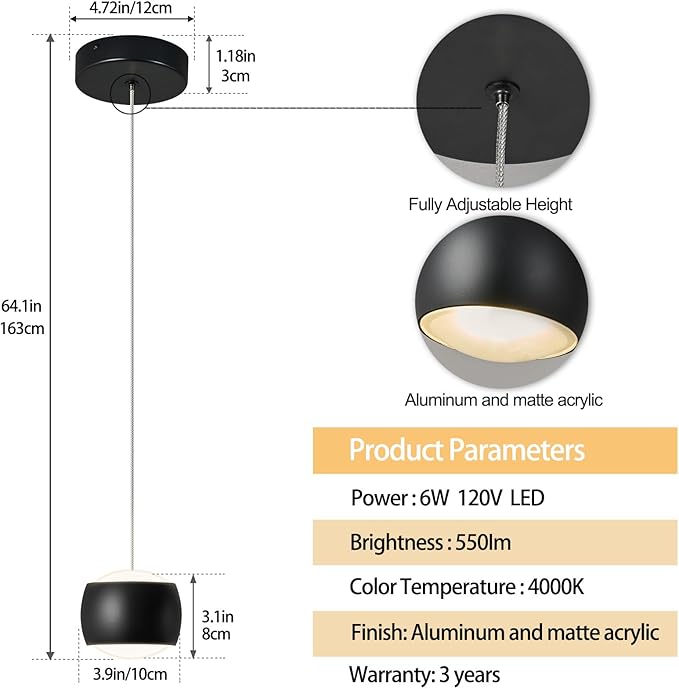 Modern LED Dimmable Pendant Light fixtures,Mini Island Pendant Lighting for Kitchen Island Dinning Room,Bedroom,Bar, Kitchen Island Ceiling Hanging Light Fixtures(black-1-Pack)