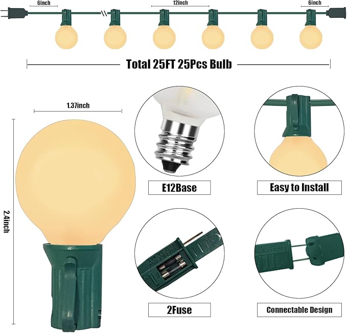 Abeja G40 Outdoor String Light, 25FT Frosted White Christmas String Lights with 27 Frosted White Bulbs, G40 Globe Patio String Lights for Backyard Porch Balcony Party Wedding Umbrella-5W Green Wire