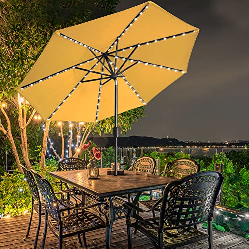 USA 10-Year-Non-Fading 9ft Market Patio Umbrella, Commercial Grade Table Sun Umbrella with 80 Solar LED Lights, Crank Open, Windproof & UPF 50+ UV Protection for Garden, Deck, Pool, Backyard, Sunflower Yellow