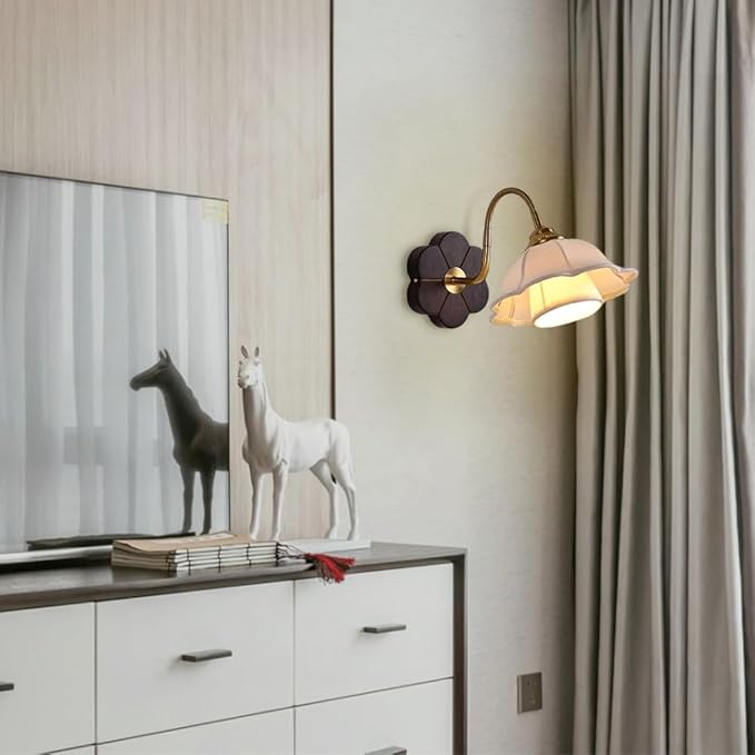 French Art Wall Light Fixture Nordic Walnut Wood Wall Sconce with White Double Layer Fabric Shade, Wabi Sabi Japanese Style Home Deco Lighting Fixture Gold Retro Indoor Hardwired Sconces
