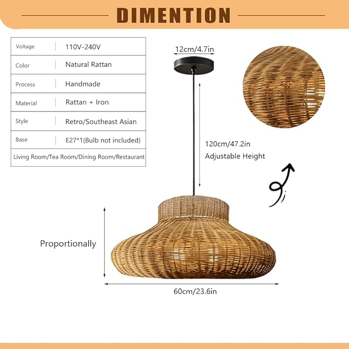 Lantern Shape Rattan Pendant Light, Handwoven Wicker Chandelier,Natural Plant Rattan Hanging Lamp,Japanese Wabi-Sabi Chinese Zen Southeast Asian Fixture,for Living Room Tea Room Restaurant