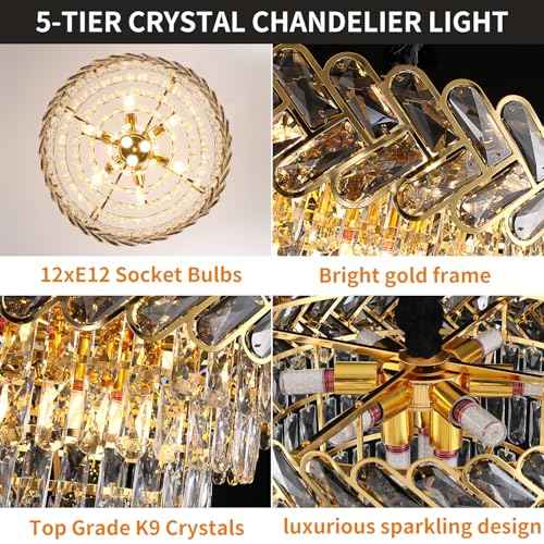 Modern Crystal Chandelier Gold,24" Round Crystals Chandeliers for Dining Room Top K9 Adjustable Ceiling Light Fixture 5-Tier Crystal Pendant Lamp 9-Light for Living Room Foyer Staircase