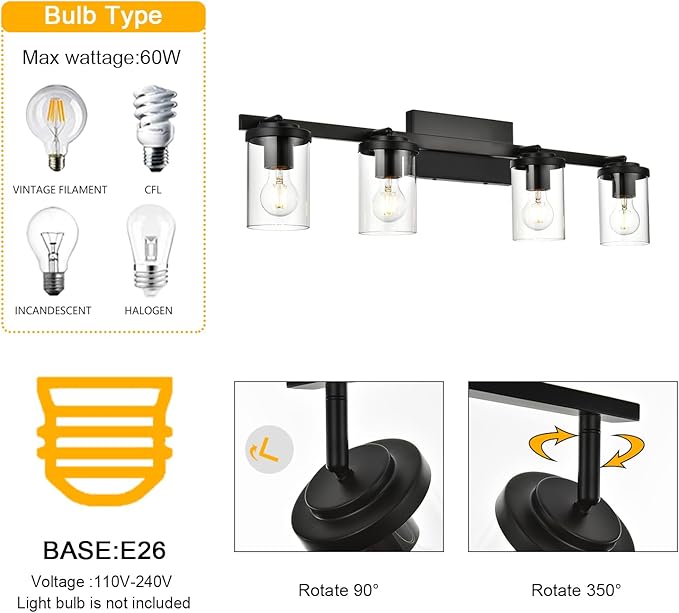 BONLICHT Ceiling Spotlights Track Lighting Kit 4 Light Bathroom Vanity Lighting Black Modern Multi-Directional Ceiling Mount Fixture Industrial Farmhouse Sconces Wall Mount Lamp with Clear Glass Shade - Aura Lighting