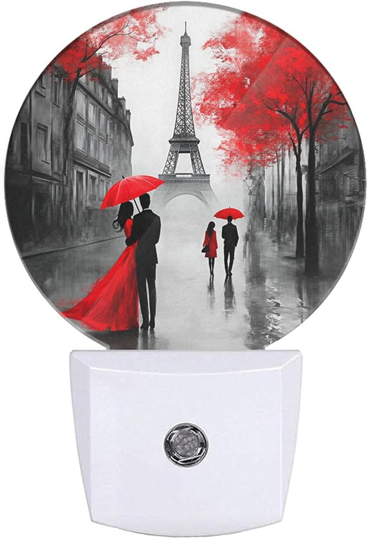 EKOBLA Paris LED Night Light Eiffel Tower Red Umbrella Couple Lovers Kiss France Street Plug-in Nightlights Home Auto Sensor LED Dusk to Dawn Light for Bedroom Bathroom Kitchen Corridor