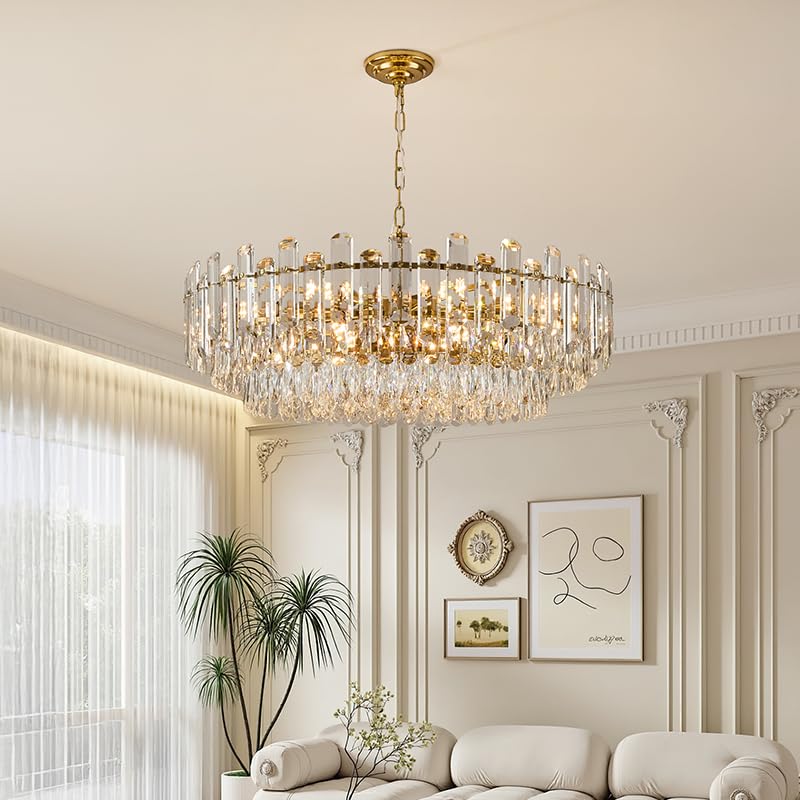 31.5" Gold Crystal Chandeliers Fully Transparent Crystal Modern3