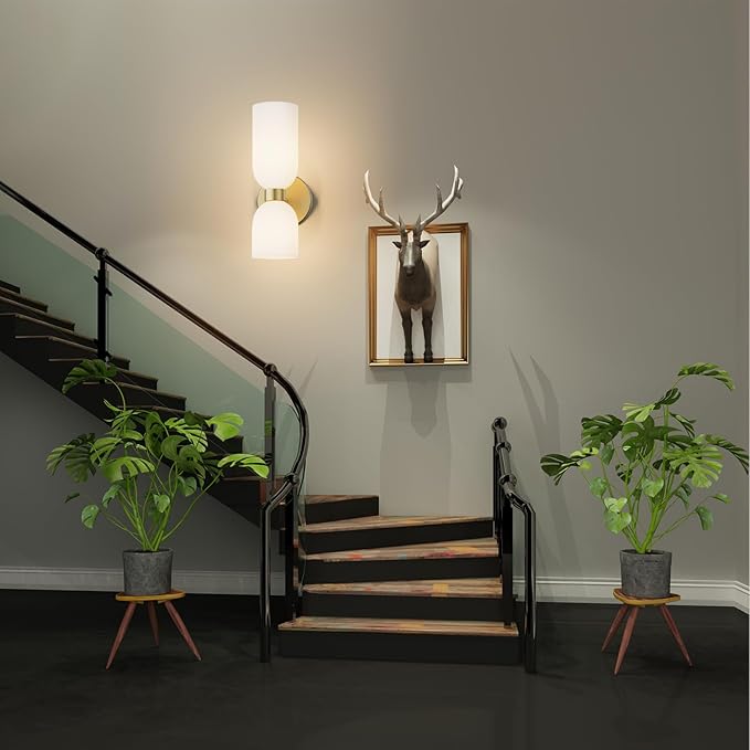 Tiapce 2 Light Modern Bathroom Light Fixtures Over Mirror,Brass Finish Vanity Lights for Bathroom Wall Sconces with Milky White Glass Shades,E12 Socket (Bulbs Not Included)