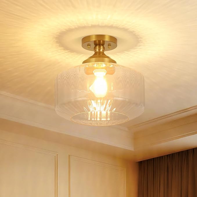 11.8in Semi Flush Mount Ceiling Light Fixture, Vintage Striated Glass Kitchen Lighting Fixtures Ceiling Mount for Entryway Hallway Bedroom Dining Room Bathroom Foyer Laundry (Clear)