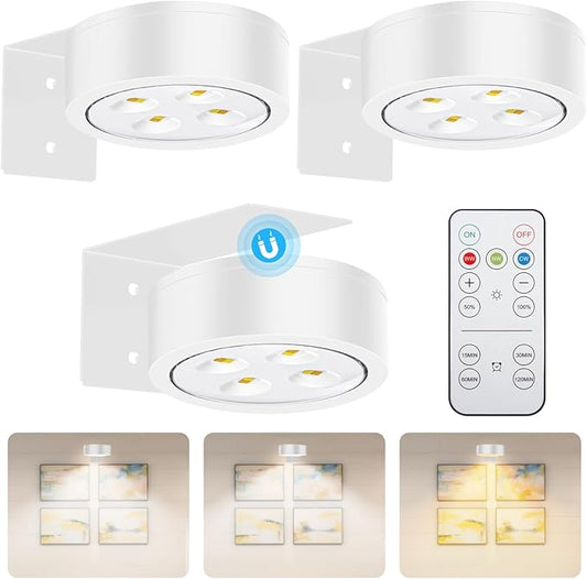 Wireless Battery Operated Painting Light with Remote Control,3 Lighting Modes Magnetic Led Art Display Light for Picture Frame, Dimmable and Timer, Wall Decor Display Light 3Pack White
