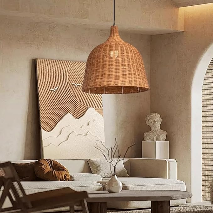 Rattan Pendant Light, Japanese Wabi-Sabi Bell Wicker Chandelier, Zen Handwoven Hanging Lamp, Farmhouse Kitchen Island Lighting Fixture,for Chinese Restaurant Tea Room Hotel Coffee Shop, E27