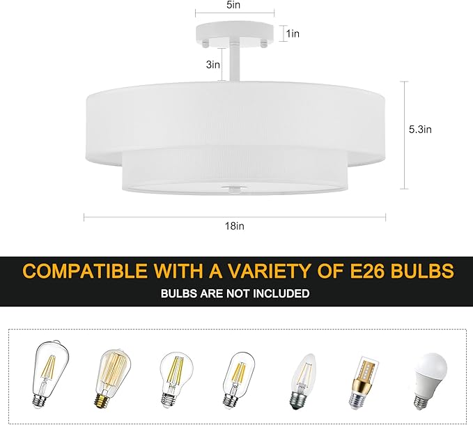 Modern Semi Flush Mount Ceiling Light, 18" Modern White 3-Lights Drum Ceiling Lighting Fixture, Vintage Linen White Ceiling Lamp for Laundry Room, Kitchen, Basement, Dining Room, Bedroom