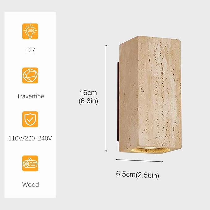 Nordic Modern Marble Wall Sconce, Natural Stone Lampshade with Wooden Base, Yellow Travertine Wall Lamp, Japanese Style Wabi-Sabi Art Lighting Fixture for Bedroom Bedside Hallway Entryway