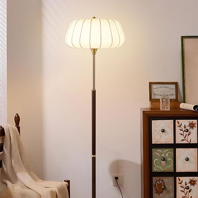 Light Luxury Hotel Bedside Floor Lamp French Wabi-Sabi Style Rubberwood Fabric Standing Lamp H61” E26 3 Tone Light Study Office Torchiere Farmhouse Villa Rustic Lighting Fixture