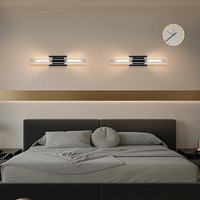 21" Bathroom Vanity Sconces Set of 2, Black Hardwired Wall Sconces Set of Two with Threaded Glass Shade, Modern Up Down Wall Decor Set of 2 for Bathroom Living Room Bedroom Hallway-Bulb Not Included ﻿ - Aura Lighting