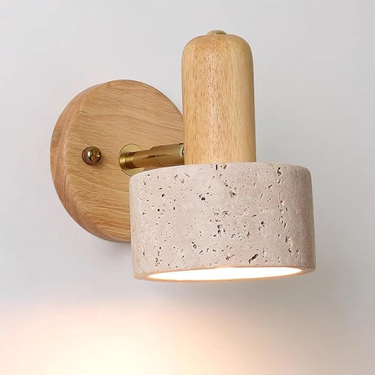 Nordic Style Natural Stone Wall Lamp, Yellow Travertine Wall Sconce with Adjustable Marble Lampshade & Wood Base, Japanese Style Wabi-sabi Art Lighting Fixture for Bedside(Wood,No Switch)
