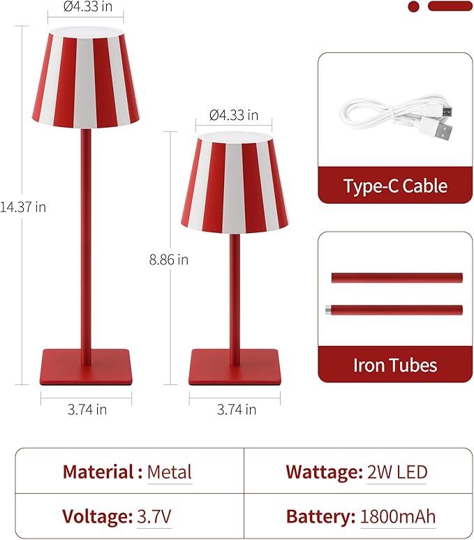 UME 3 Pack Cordless Table Lamp, Battery Operated Lamp - Portable Waterproof Rechargeable Table Lamp w/ 3 Color Temps & Stepless Dimming for Dinner, Desk, Cafe, Outdoor (Christmas Red)