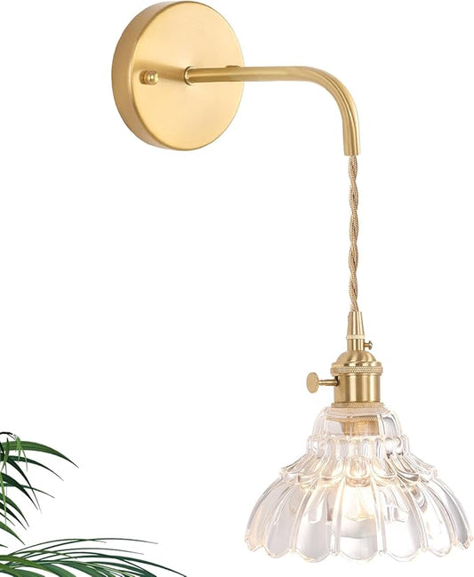 Vintage Wall Sconce with Clear Lily of The Valley Shade Pattern Glass Adjustable Chain Retro Gold Wall Mounted Light, Modern Wall Lamp Fixtures Decor for Bedside Bedroom Indoor Doorway - Aura Lighting