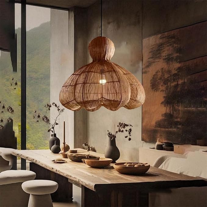 Woven Rattan Light，Petal-Shaped Rattan Lampshade，Large Hand-Woven Wabi-sabi Style Chandelier，Adjustable Pendant Light Fixtures for Dining Room, Kitchen, Living Room
