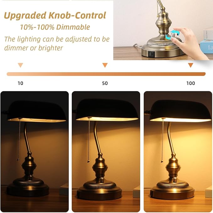 Rustic Banker's Desk Lamp Stepless Dimmable, Traditional Bankers Desk Lamp with USB Port and Outlet, Vintage Farmhouse Table Lamp for Home Office Library