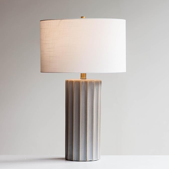 Lawrence & Scott Naomi Gray Porcelain Handmade Luxury Japandi Table Lamp for Living Room Bedroom Office with Custom Textured Linen Lampshade