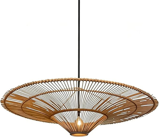 23.6-inch Southeast Asian Style Straw Hat-Shaped Rattan Chandelier,Handwoven Wicker Hanging Lamp,Wabi Sabi Restaurant Pendant Light,Adjustable Hanging Cord for Guesthouse/Shop/Living Room