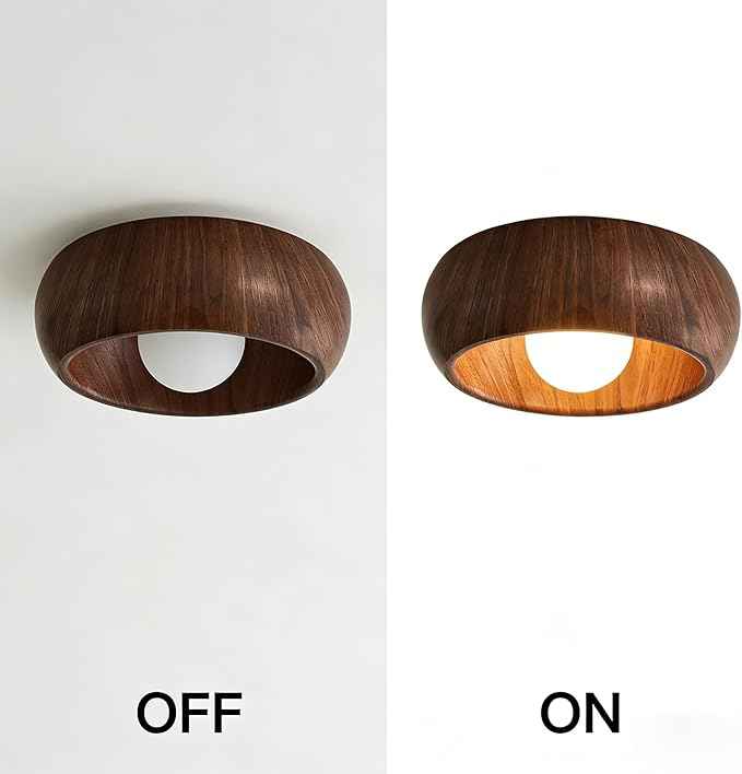 Modern Wood Grain Flush Mount Ceiling Light, Round Wabi-Sabi Style Ceiling Lamp, Minimalist Metal and Glass Fixture for Hallway, Entryway, Balcony, Japanese Decor Light(Light Wood)