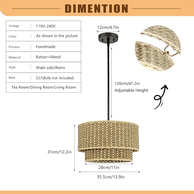 13.9inRattan Pendant Light,Japanese Retro Restaurant Bamboo Lighting Fixture,Wabi-Sabi Double Layer Column Chandelier,Handwoven Hanging Lamp,for Shop Living Room Tea Room Kitchen Island,E26