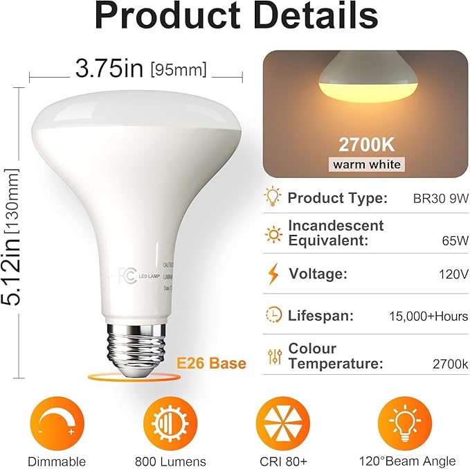 TJOY 6 Pack BR30 Led Bulb 65W Equivalent, Dimmable LED Flood Light Indoor, E26 Base, 2700K Warm White, 9W, 800 LM, Recessed Lighting Bulbs for Ceiling, Recessed Can, Living Room and Kitchen
