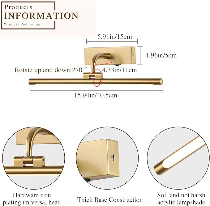 Wireless Picture Light for Wall Battery Operated Rechargeable Art Lights Dimmable Painting Lights Brass Gallery Light with Remote Wall Lights for Display, Artwork, Portrait (15.94Inch)